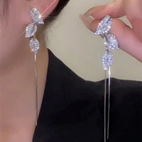 s925 silver needle post full rhinestone leaf long earrings for women 2022 luxury jewelry party crystal tassel pendientes gifts
