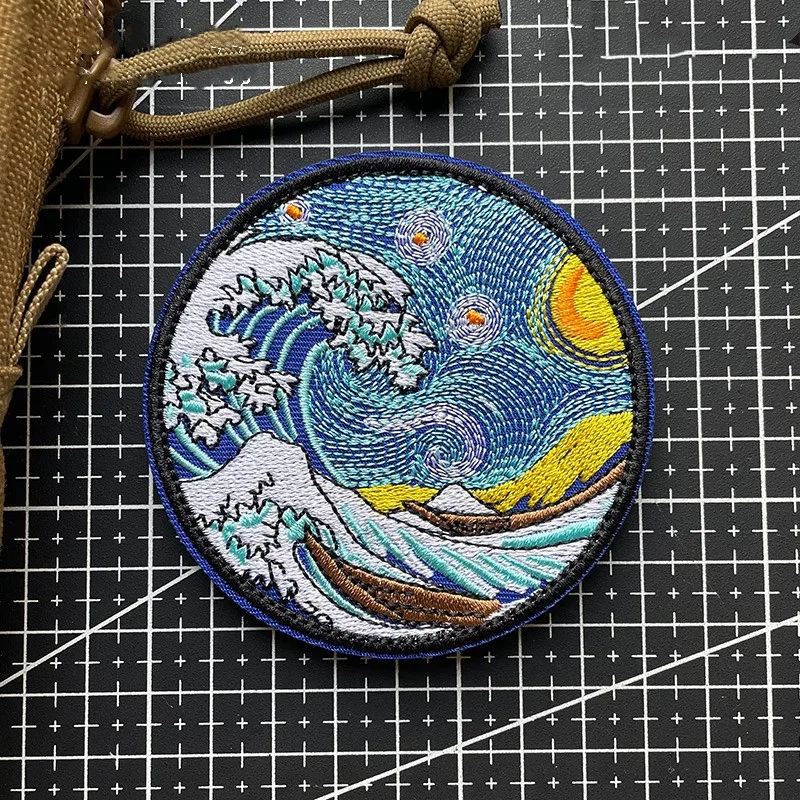 

Kanagawa Embroidery Patches Big Wave Sea Weaving Tactical Badge DIY Bag Sticker For Clothing Backpack Decoration Decal