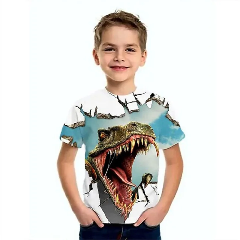 

NOVEDAD DE VERANO 2022, camisetas para niños, camisetas de manga corta azul claro con estampado 3D de dinosaurios, animales, esc