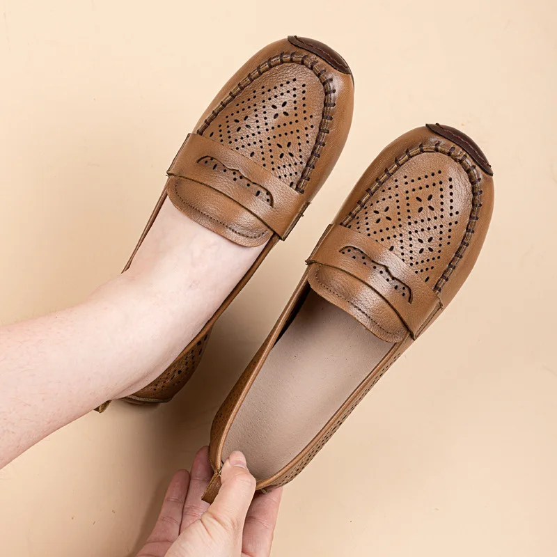 Autuspin Retro Women's Shoes Genuine Leather Flats Summer Breathable Soft Soled Loafers Novelty Leisure Hollow Out Moccasins