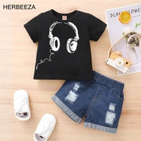 summer baby clothes sets casual headphone pattern short sleeved t shirt top denim ripped shorts infant costume boy clothing