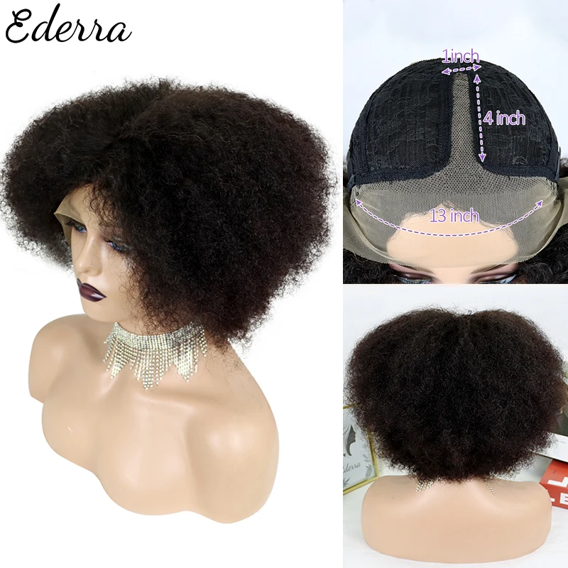 Fluffy Afro Kinky Curly 13x1 Front Lace Wig For Black Women Remy Brazilian Human Hair Short Sassy Human Hair Wigs Pre Plucked