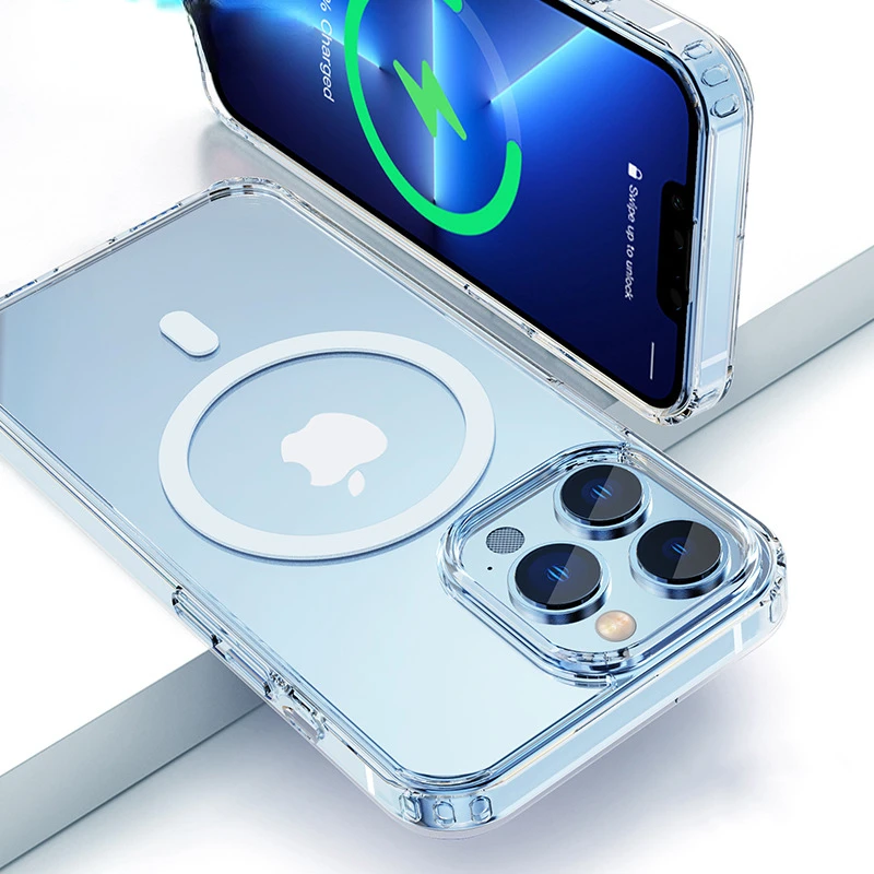 

For Magsafe Wireless Charging For iPhone 14 12 11 13 Pro MAX Mini XR Xs MAX Transparent Shockproof Cover