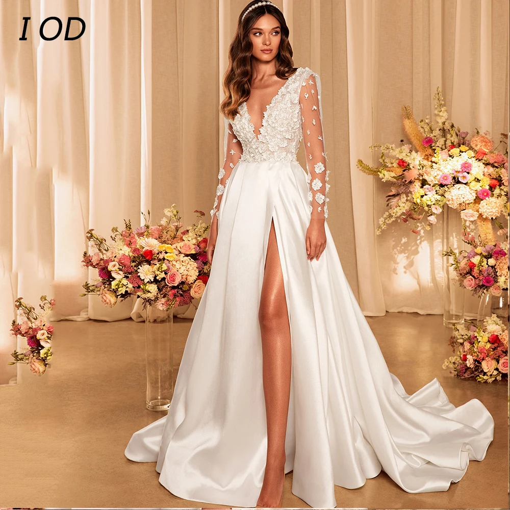

I OD Modern A-Line Wedding Dress Sexy Side Slit V-Neck Appliques Backless Floor Length Satin Bridal Gown Vestidos De Novia New