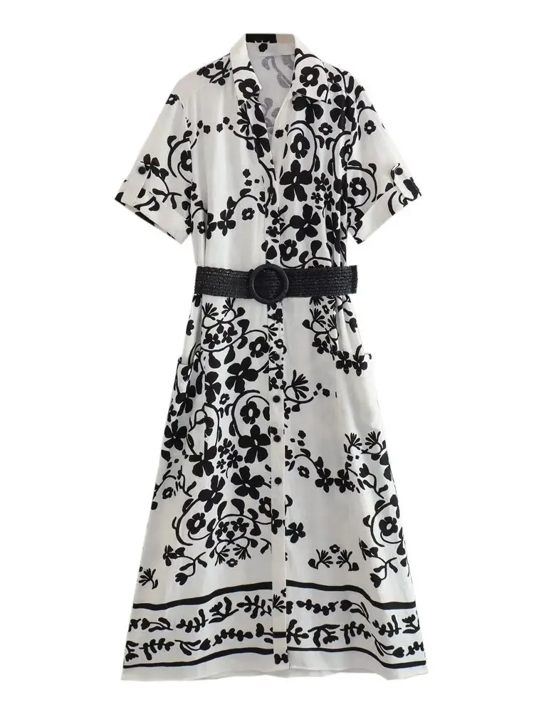 

2023 Women Floral Print Chic Dress With Belt Summer New Female Daily Casual Style Lapel V-Neck Short Sleeve Long Dresses