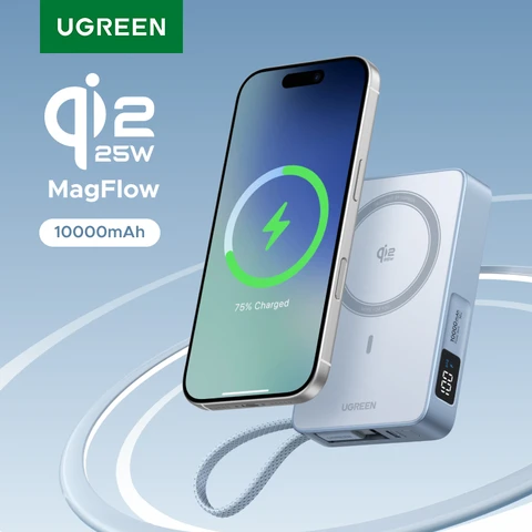 UGREEN Qi2.2 25W Power Bank с быстрой зарядкой 10000 мАч, внешний аккумулятор с кабелем Type-C для iPhone 17 Pro Max, совместимый с MagSafe 30W