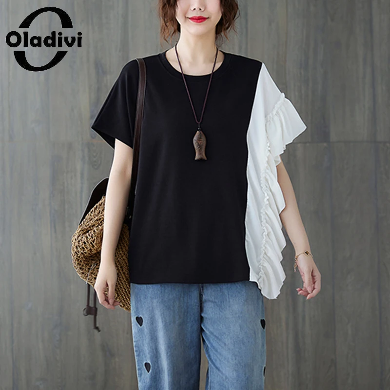 

Oladivi Fashion Women Patchwork Ruffle T-Shirts 2022 Summer New Oversized Tshirt Casual Loose Shirts Plus Size Top Tees 8747 3XL