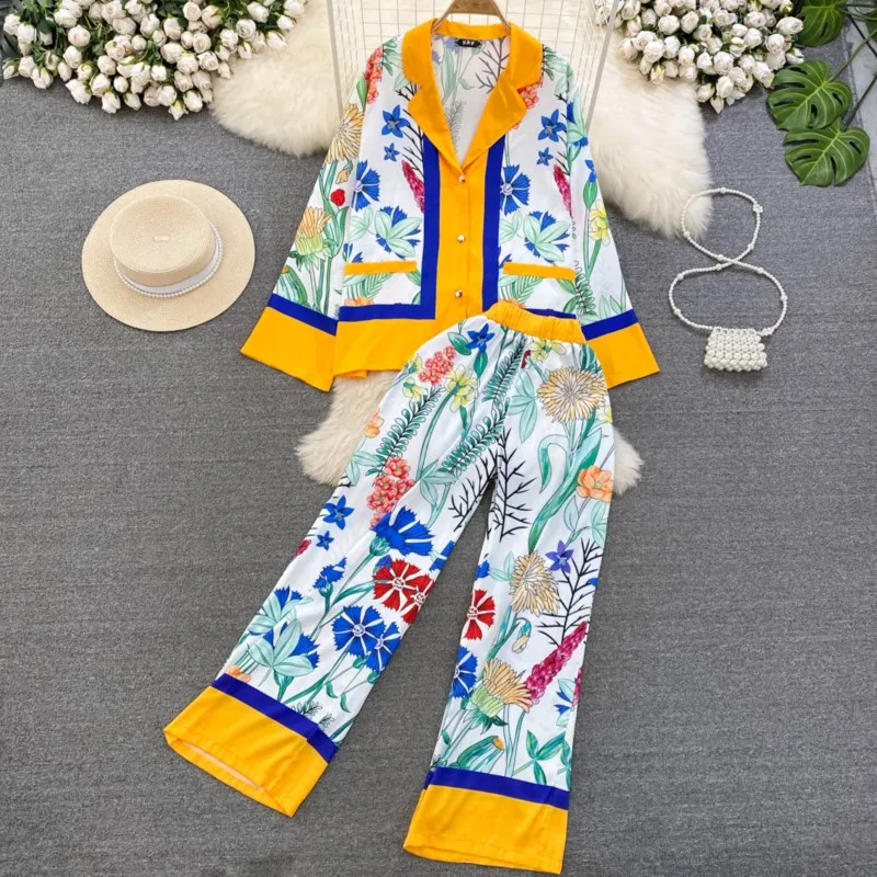 

Summer Women Fashion Vintage Holiday Floral 2 Pieces Casual Shirts Tops Wide-Leg Pantsuit Female Party Beach Boho Maxi Outfits