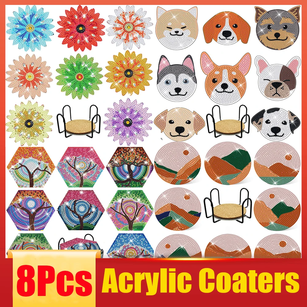 

8pcs/Set 5D DIY Flowers Art Diamond Painting Acrylic Coaster Cup Special-Shaped Drill landscape Cup Cushion Kitchen Home Decor