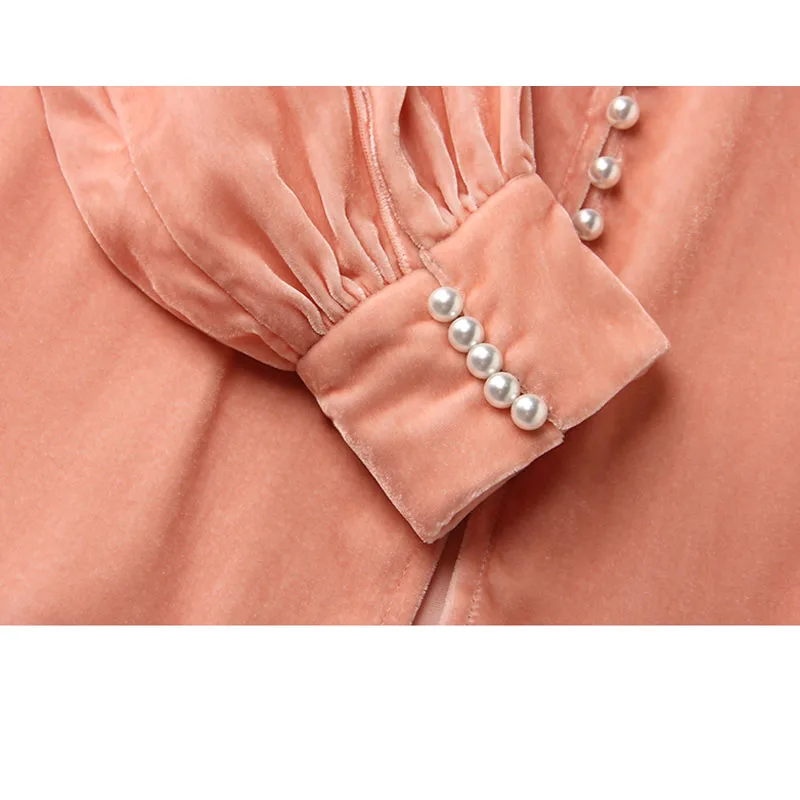 Весенне-осенняя шелковая бархатная розовая рубашка с длинными рукавами блузка