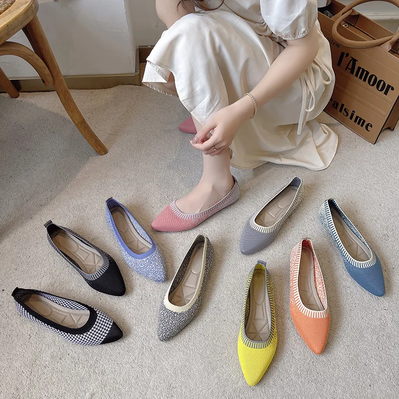 

Spring and Summer One Pedal Knitted Breathable Pointed Toe Flat Shoes Flat Heel Soft Bottom Women's Single Shoes Ballet Flats