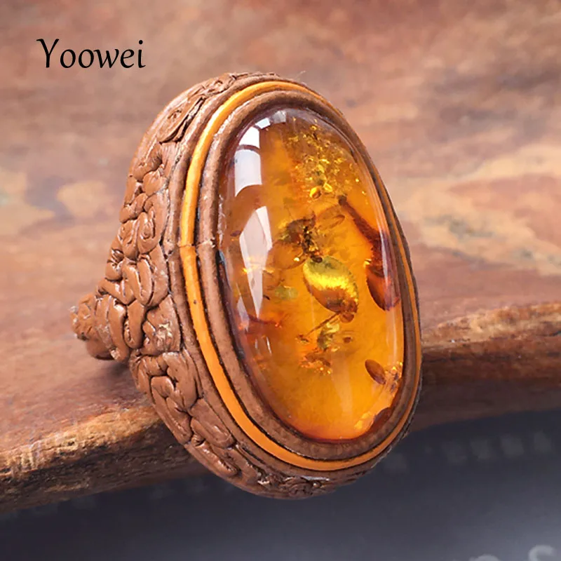 

Yoowei New Natural Amber Rings for Unisex Best Gift Certificated Genuine Leather Ambar Jewelry Opening Adjustable Ring Wholesale