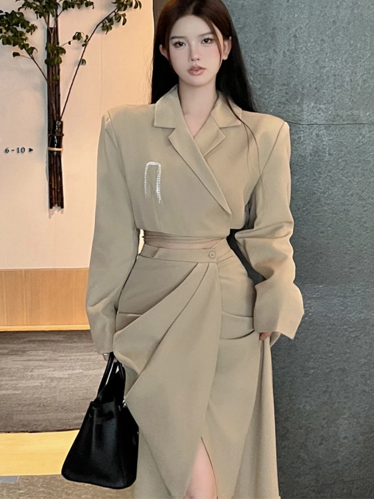 

Autumn Blazer Two Piece Set Women Korean Fashion Long Sleeve Lace-up Jacket Crop Top and High Waist Slit Sexy Bodycon Skirt Sets