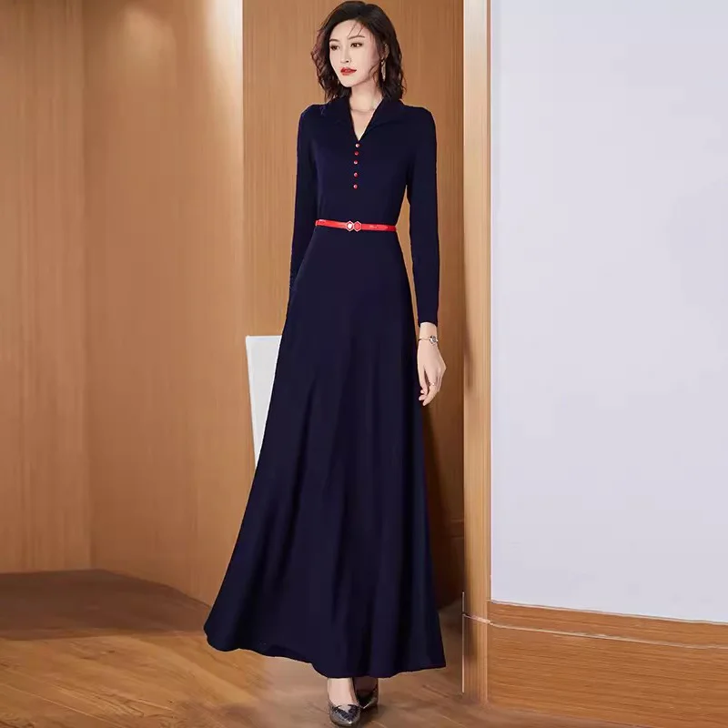 

Women Knitted Jacquard Long Dress Spring Autumn Fashion Chic V-Neck Sleeve Slim Elegant Exquisite Overlength
