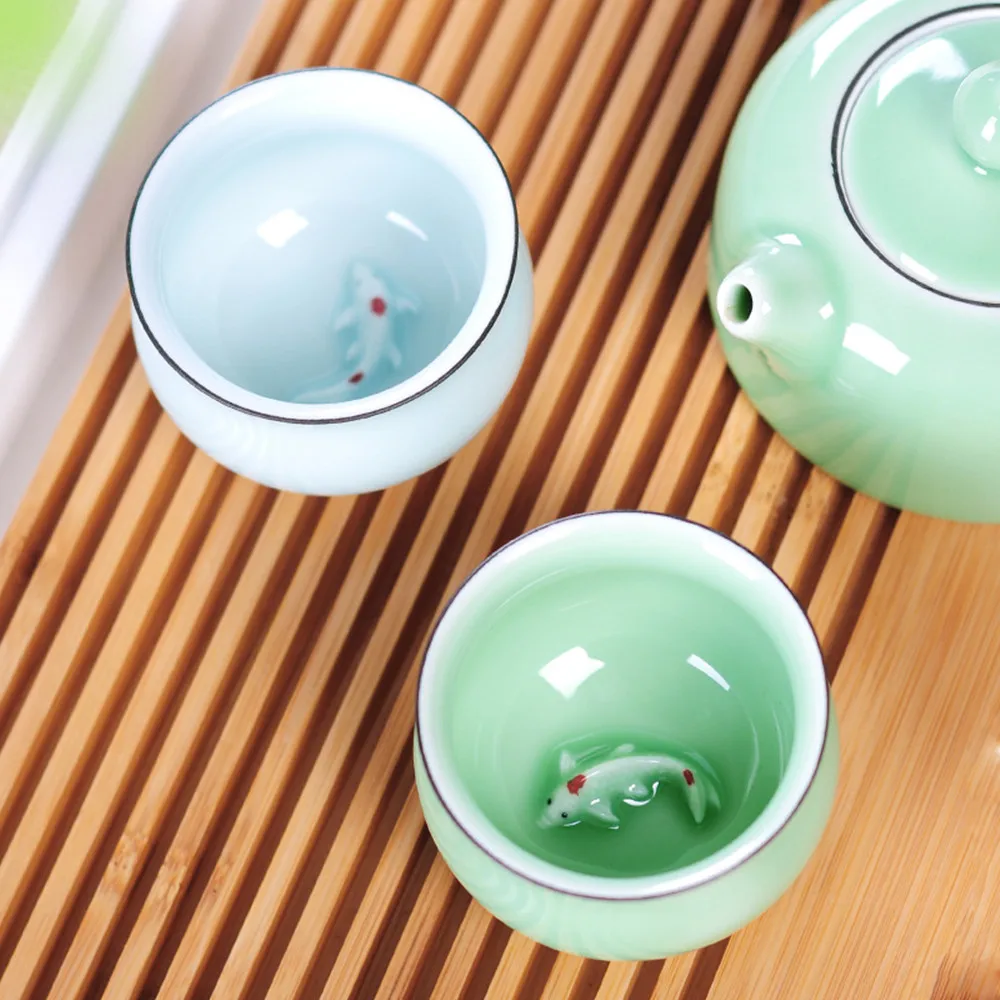 

4 Pcs Chinese Kung Fu Teacup with Koi Fish Flat Cup Ceramic Cups of Tea Handmade Celadons Porcelain Drinkware Glaze Pottery