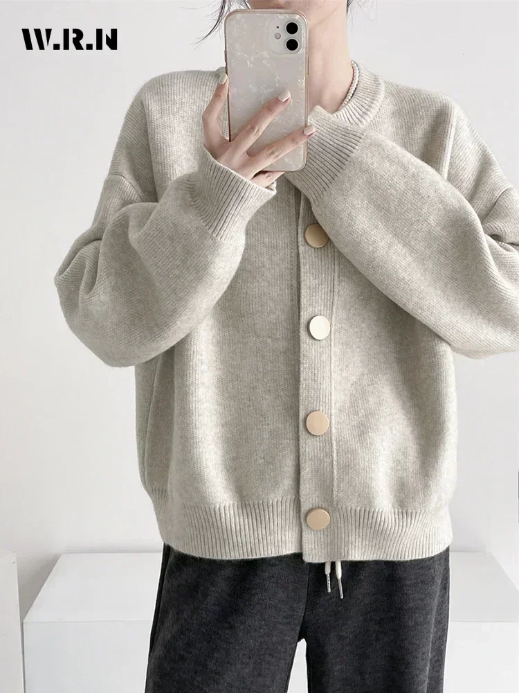 Женские повседневные вязаные кардиганы с круглым вырезом и длинными рукавами