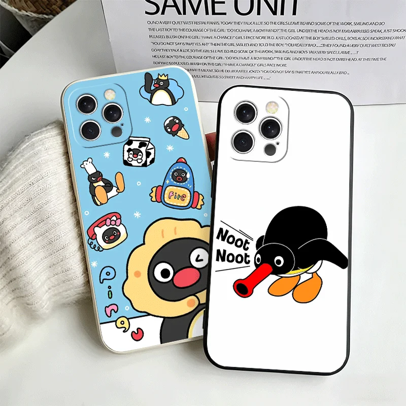 Фото Мягкий чехол для телефона с мультяшным пингвином P-Pingu для iPhone 16 17 Pro Max 17E 16E 14 15 Plus 12 13 7 8 SE, черно-белый, парный №1