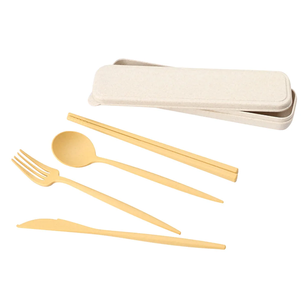 

4Pcs/Set Table Cutlery Set Creativity Wheat Straw Fork Chopsticks Spoon Portable Reusable Tableware Set With Storage Box
