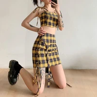 women korean fashion style 2021 spring and summer new women two piece sexy slim plaid lace reflective sling high waist skirts
