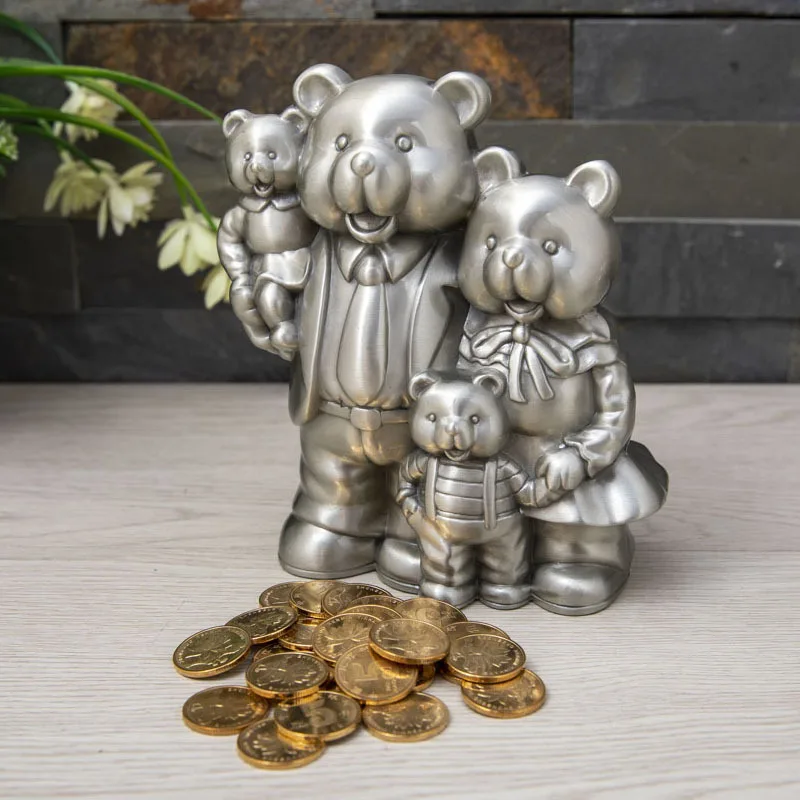 

Creative Bear Family Antiqu Petwer/Silver Metal Piggy Bank Kids Money Saving Organizer Coin Holder For Table Decoration PB042