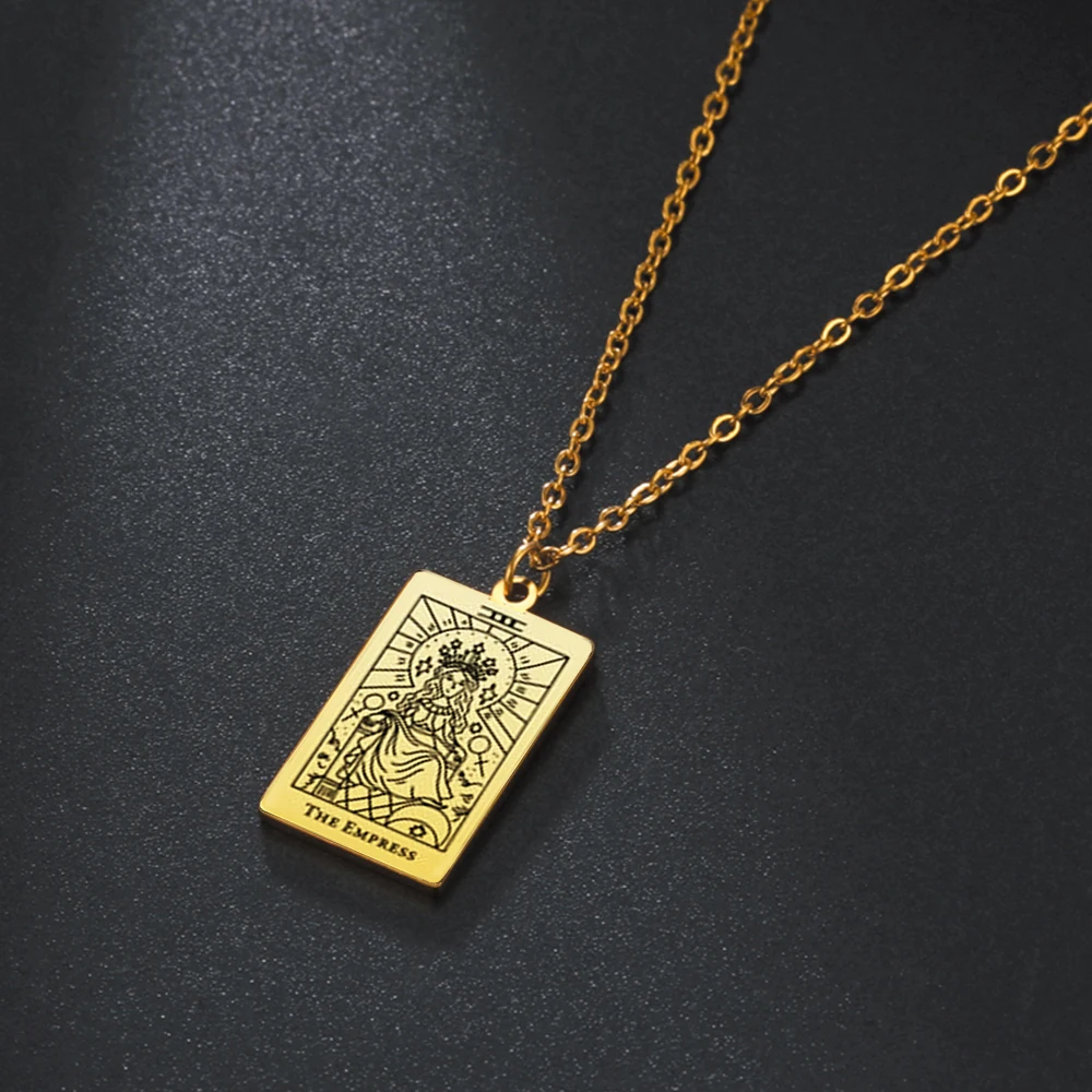 

Major Arcana Tarot Card Pendant Necklace Stainless Steel Box Chain Women Vintage Lucky Amulet Men Gold Choker Jewelry Pagan Gift