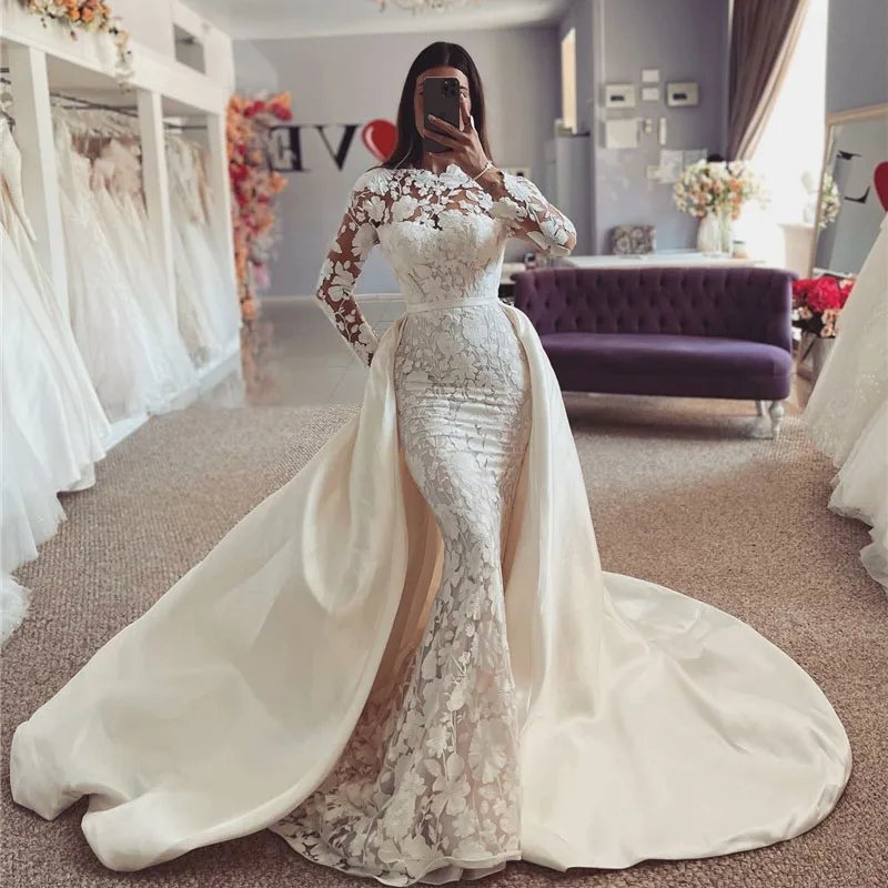 

LORIE Lace Mermaid Wedding Dresses Long Sleeve Lace Appliques Bride Dress High Neck Ball Gown Princess Wedding Gowns 2023