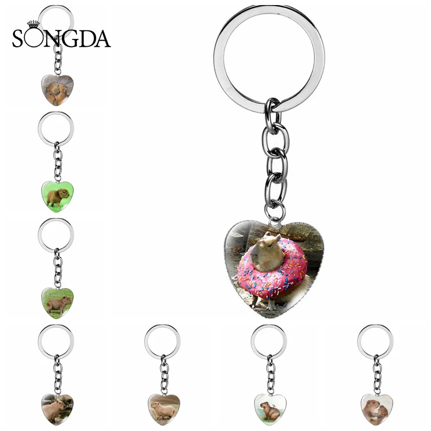 

Fashion Capybara Keychains Cartoon Animal Heart Shape Glass Dome Lobster Clasp Pendant Key Rings Trendy Pet Lovers Gifts Jewelry