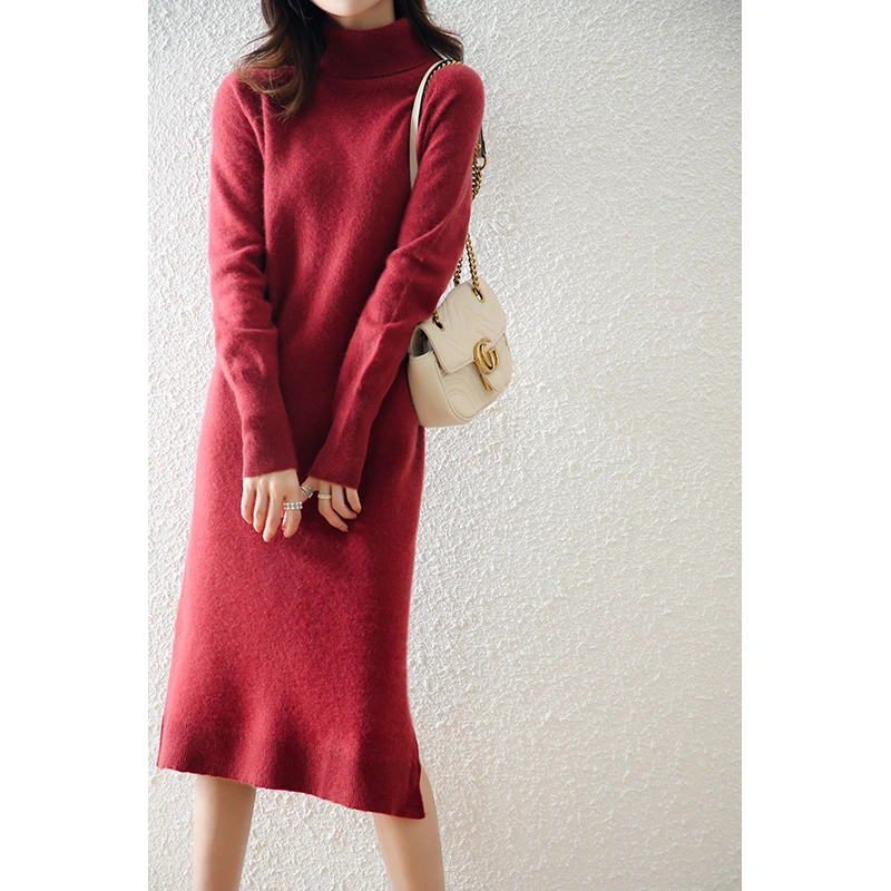 Autumn and Winter 2022 High Neck Dress Women's Medium Long Over Knee Wool Dress Loose Thickened Knitted Solid Wool Dress