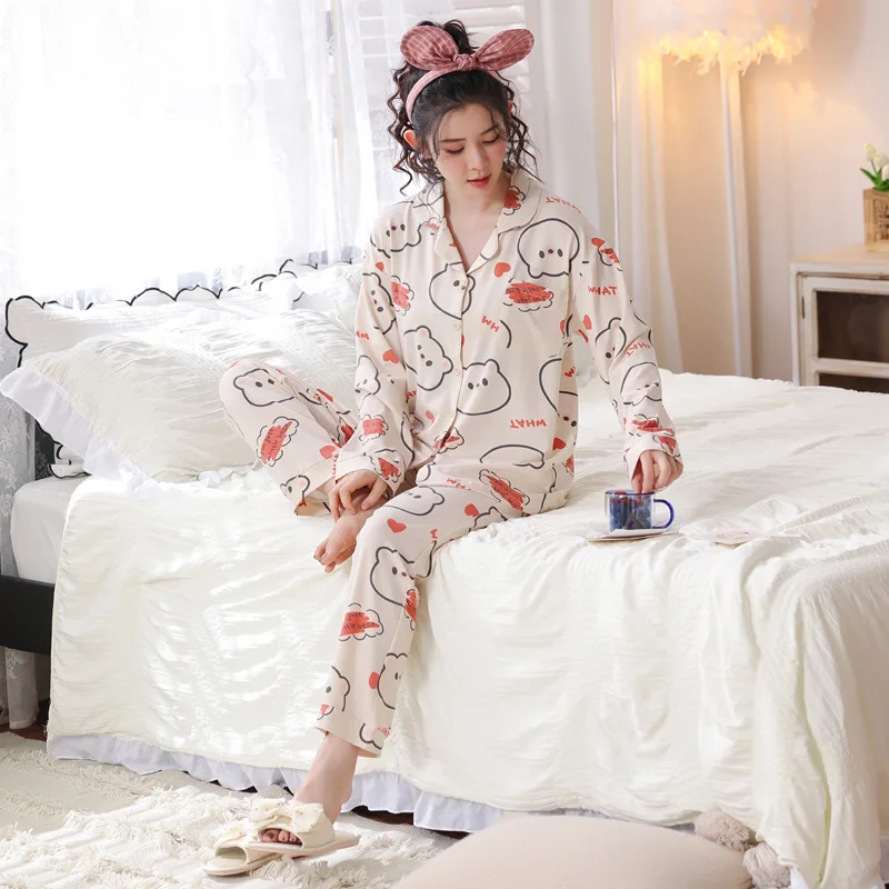 

Yasuk Spring Autuum Fashion Women's Casual Print Pocket Sleepwear Homewear Cute Lovely Pajamas With Pants Soft Many Bear