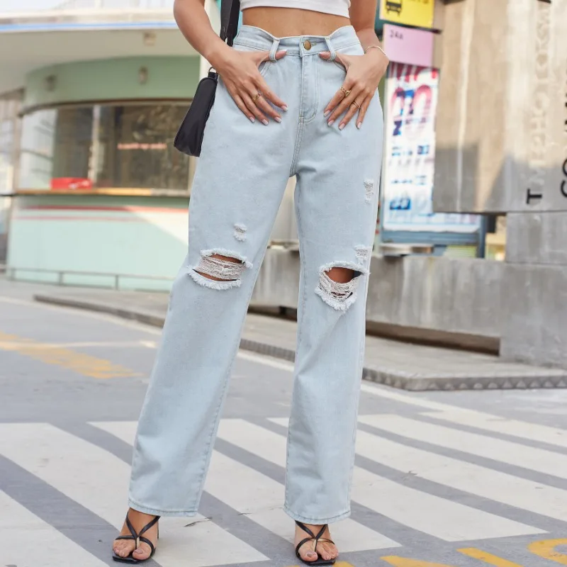 

New Washed Light Retro Casual Torn Denim Pants Women's Clothing Fashion Solid High Waist Straight Leg Jeans Street Trendsetters