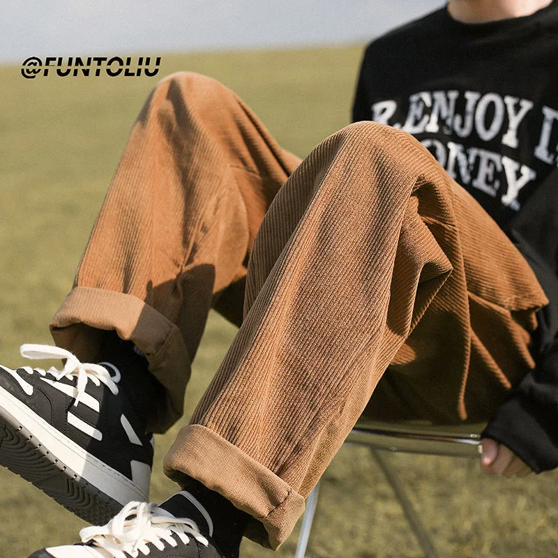 Autumn Corduroy Pants Men Fashion Retro Casual Wide Leg Pants Men Japanese Streetwear Hip Hop Loose Straight Pants Mens Trousers