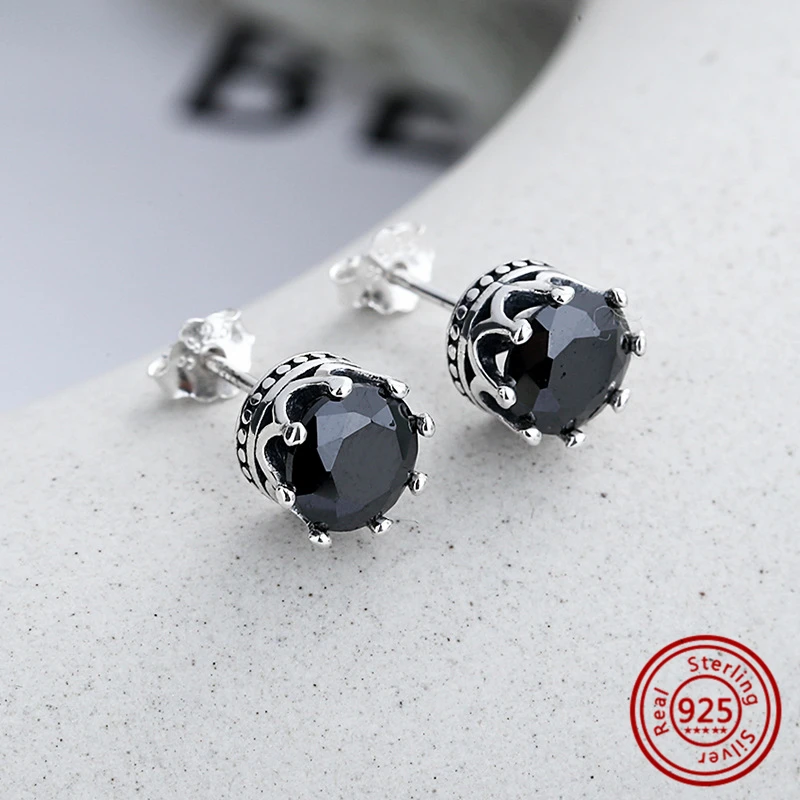 

2022 New 925 Sterling Silver Black Zircon Stud Earrings for Women Luxury Jewelry with Vintage Crown and Hearts Festival Gift