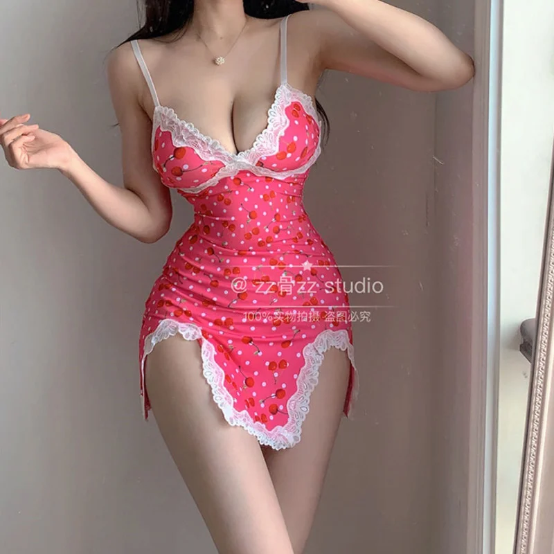 

Europe Spring Swwet New Elegant Lace Print Dot Split Sexy V-neck Mini Dress Pink Mesh Tank Camisole Korean Hot Sexy BOHO E8L