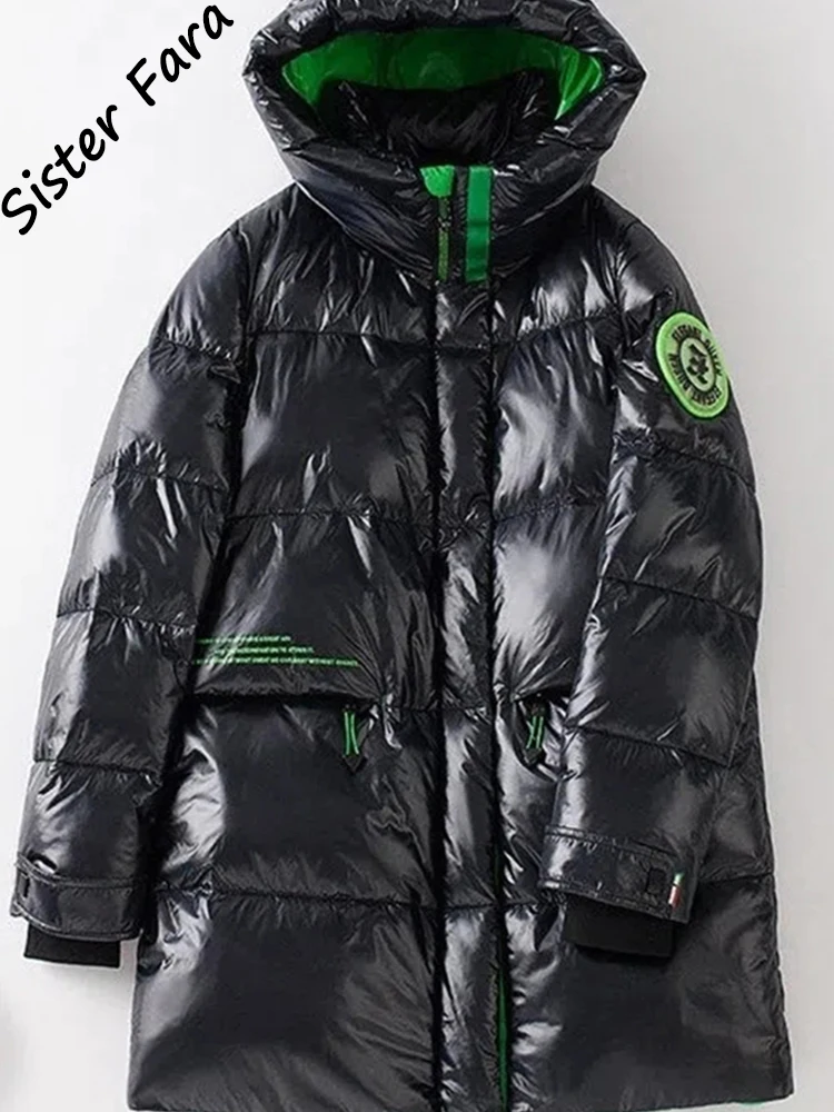 Sister Fara Winter Jacket Puffer Warm Coat With Drawstring Hooded Glossy Parka Women Loose Harajuku Streetwear Long Parka Jacket