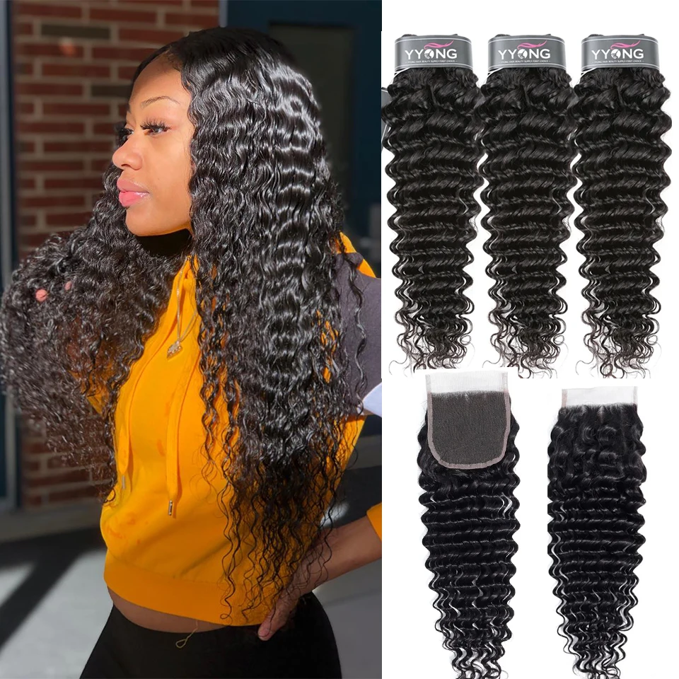 Yyong Людские Волосы С Глубокими Волнами 3 Пучка Застежкой Бразильские Плетеные 3/4