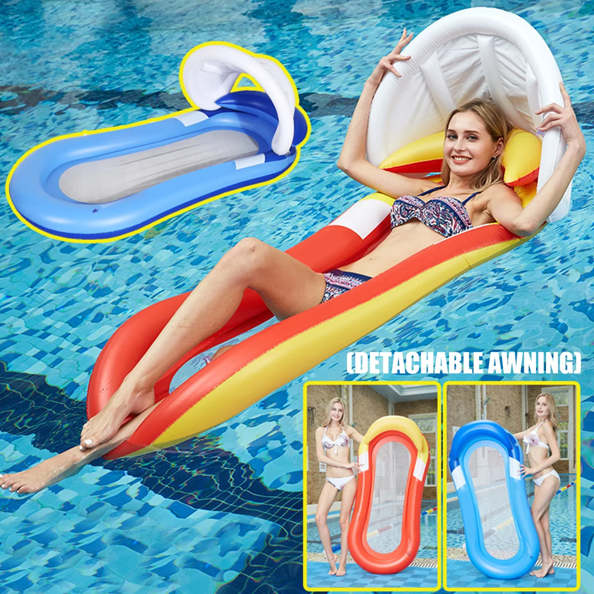 L Floating Hammock Inflatable Comfortable Floating Bed with Shade Shed Collapsible Portable Water Hammock Kids Adults Pool Loun