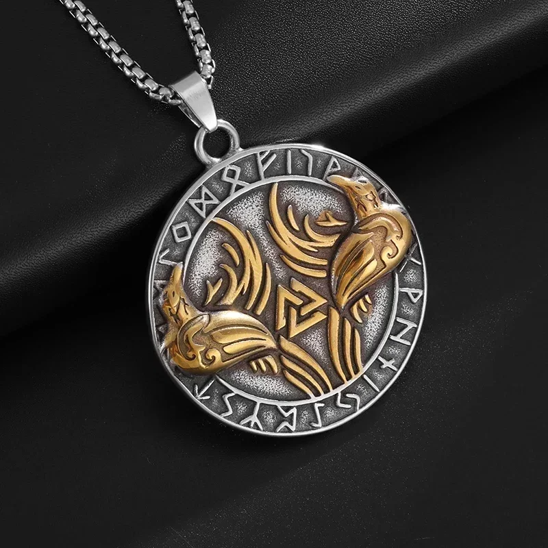 Retro Ethnic Style Nordic Viking Double Crow Triangle Rune Pendant Necklace Fashionable Men's Lucky Charm Jewelry