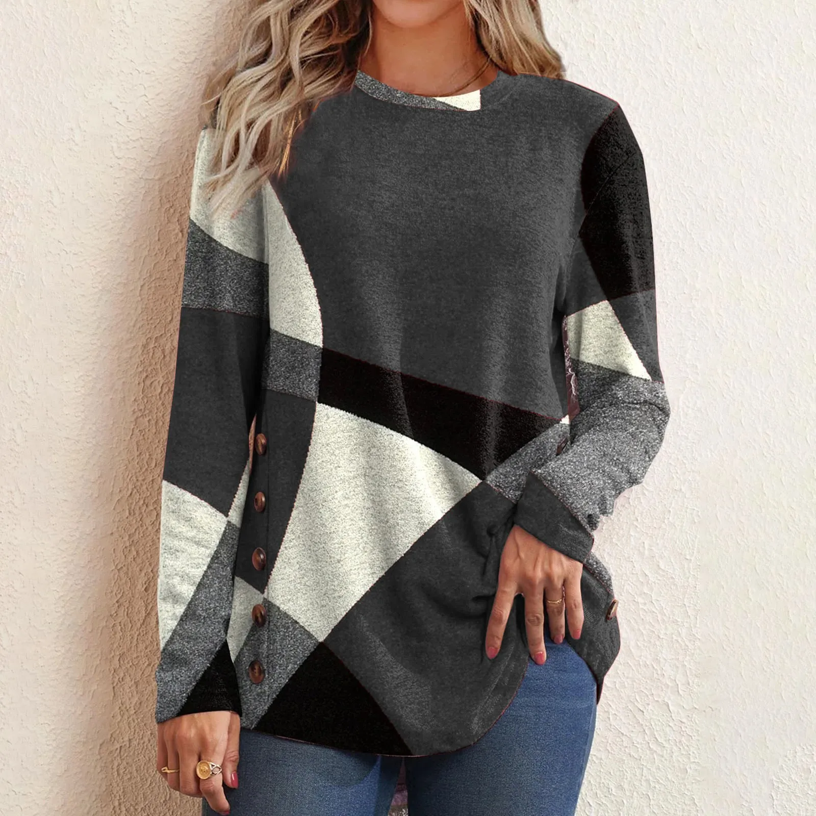 Купи Women's Patchwork Tshirt Pullover Autumn Winter Round Neck Sweatshirt Long Sleeve Print Fashion Casual Loose Women Shirt Tops за 375 рублей в магазине AliExpress