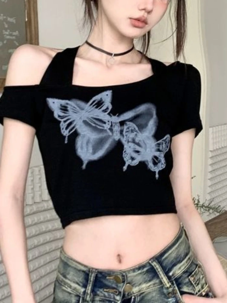 

Кроп-Топ женский с открытыми плечами и принтом в виде бабочек