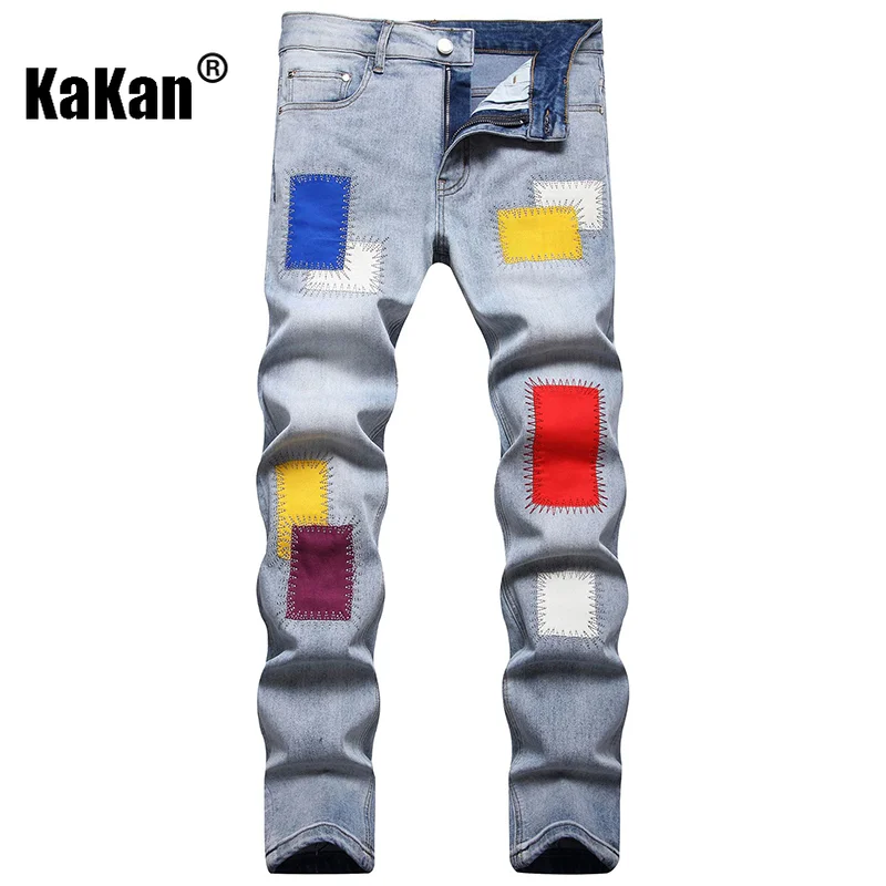 Kakan - European and American New Slim Small Leg Embroidered Jeans, Color Patch Elastic Washed Blue Long Jeans K019-8831