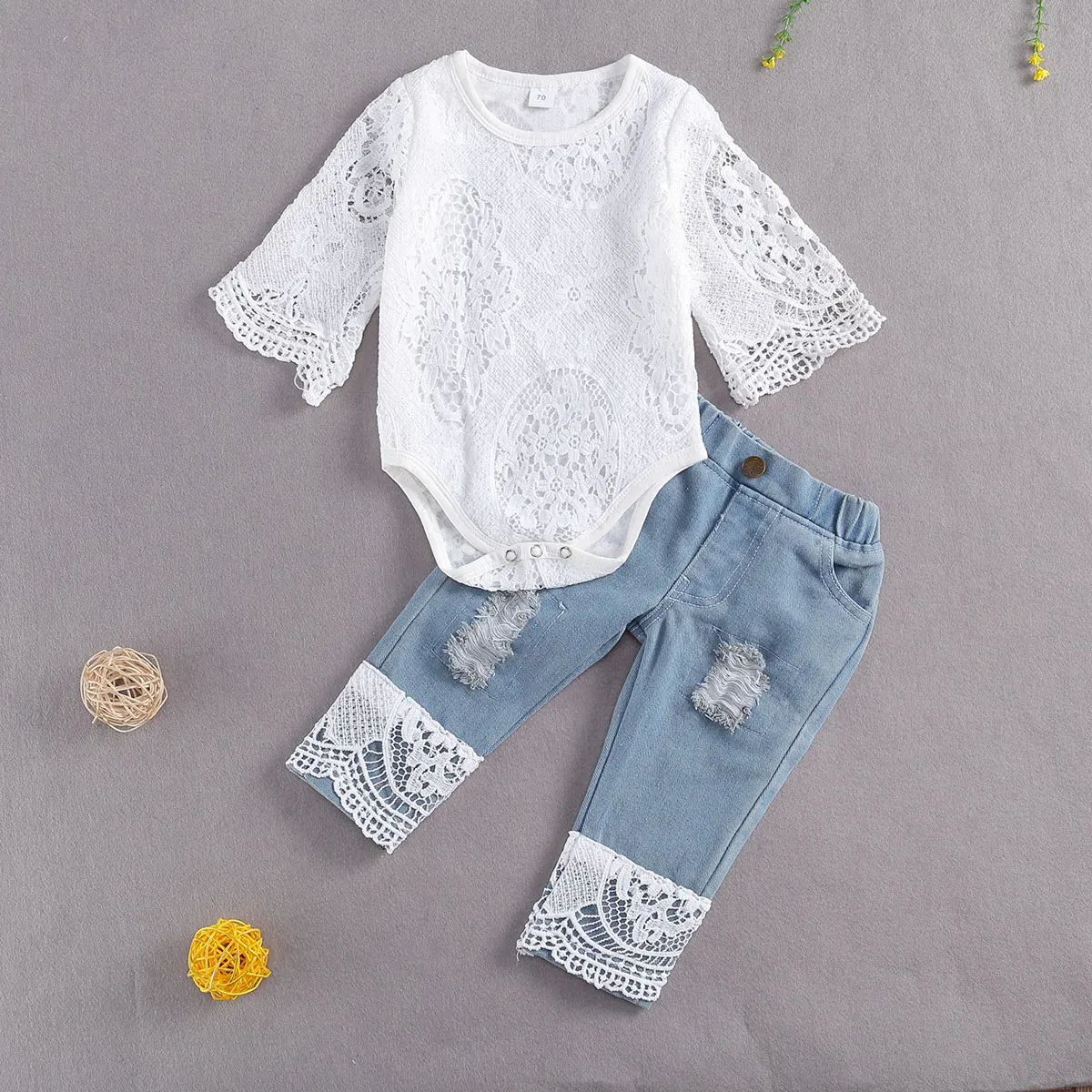 

Baby Girls Clothes Set White Lace Bodysuit Long Sleeve Romper Blue Denim Pants Ripped Jeans 3-24M Infant Toddler Casual Outfits