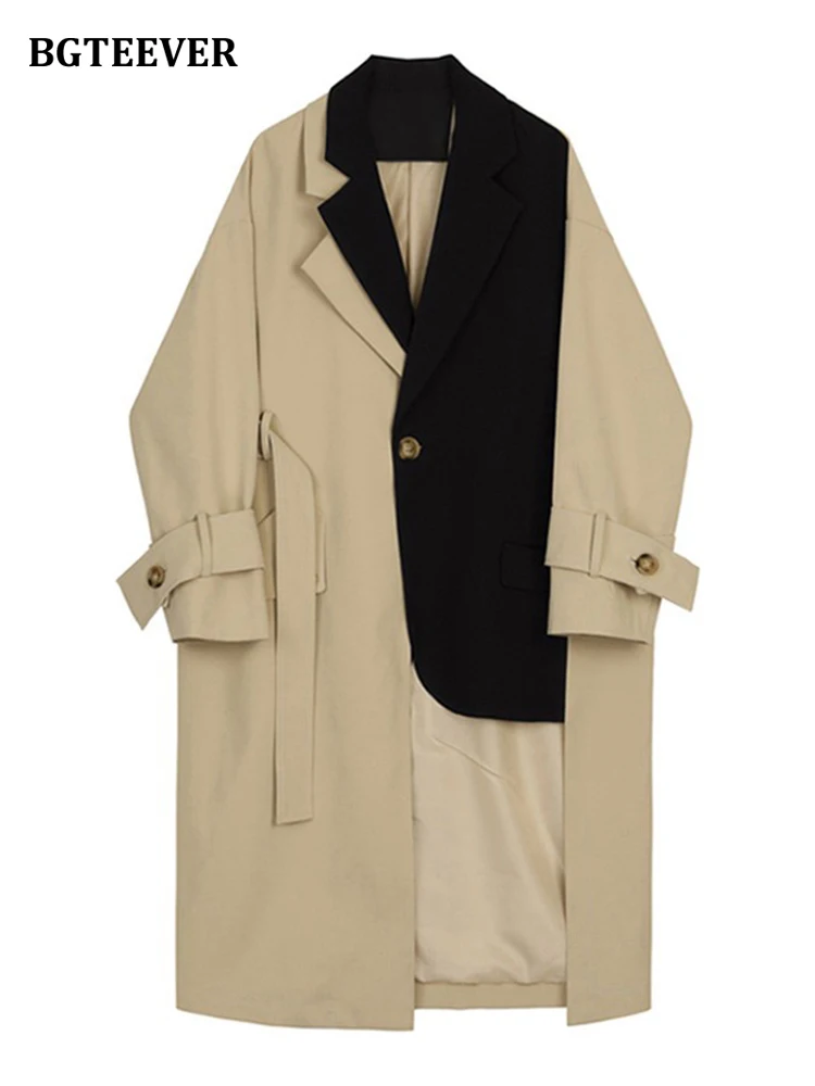 

BGTEEVER Casual Loose Patchwork Ladies Windbreaker 2022 Long Sleeve Single Button Sashes Irregular Women Trench Coat Outwear