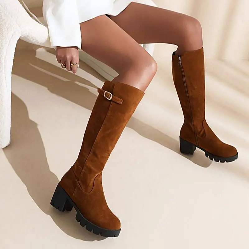 

Girseaby Women Knee Boots 36cm Chunky Heel 6cm Flock Suede Zipper Round Toe Platform Plus Size 34-46 Solid Classic Retro S4201