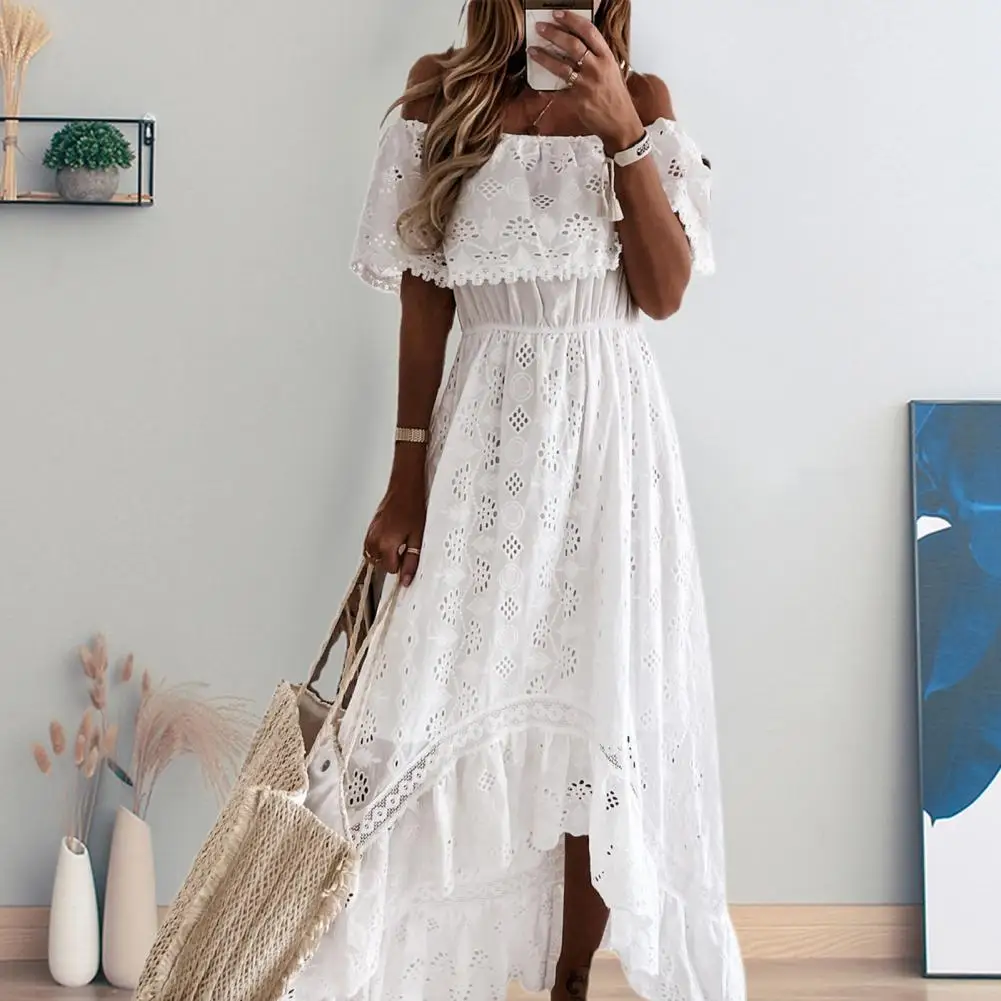 

Bandeau Elastic Waist High Low Hemline Long Dress Hollow Lace Off Shoulder Maxi Dress Ladies Clothing