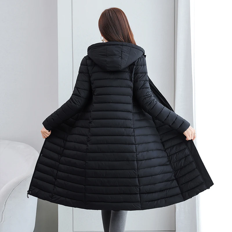 2022 Women's Winter X-long Coat Hooded Casual Zipper Female Jacket Winter Solid Color Stand Collar Thick Cotton Woman Parkas
