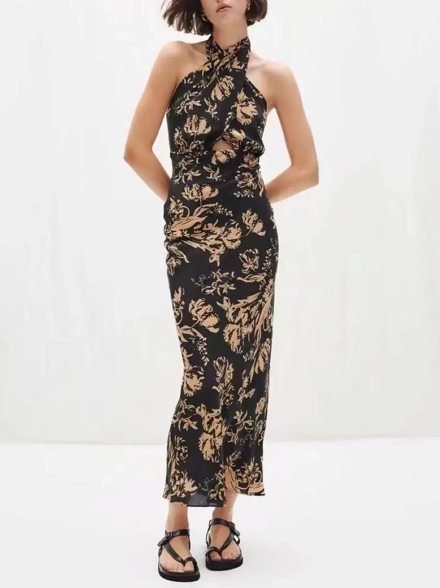 Women's Cross Halter Flower Print Backless Waist Hollow Out Elegant Maxi Dress