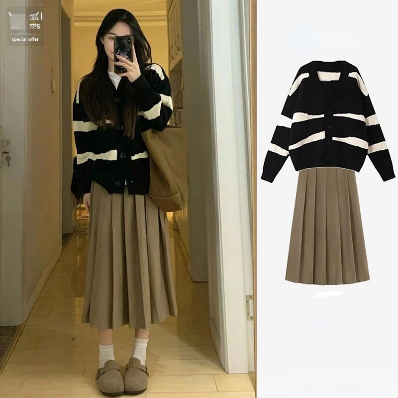 

Женский трикотажный кардиган в полоску, мягкий свитер-жакет в полоску с принтом «продвинутый художественный ощущение искусства», костюм из двух предметов для осени и зимы