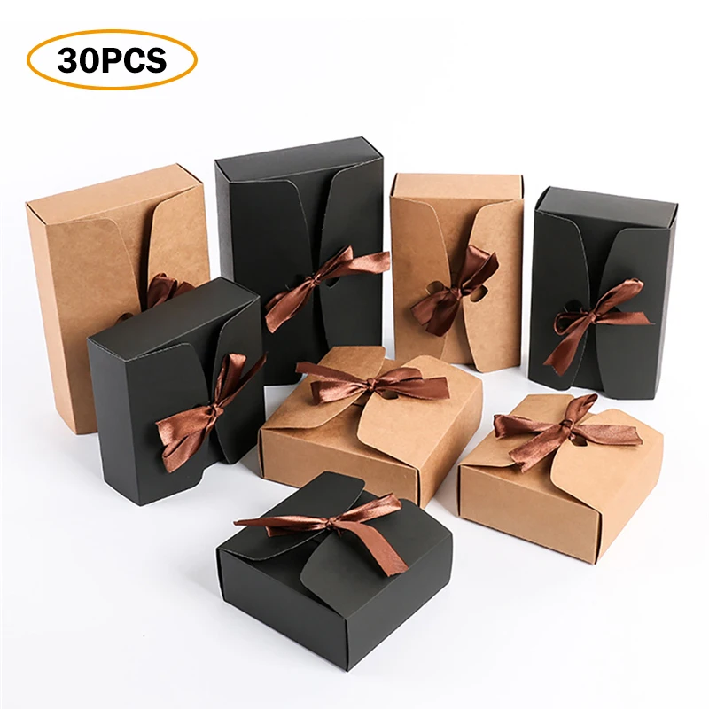 

30PC Kraft Paper Boxes Chocolate Cookie Cake Packaging Gift Box with Ribbon Cardboard Party Wedding Wrapping Storage Box Bags