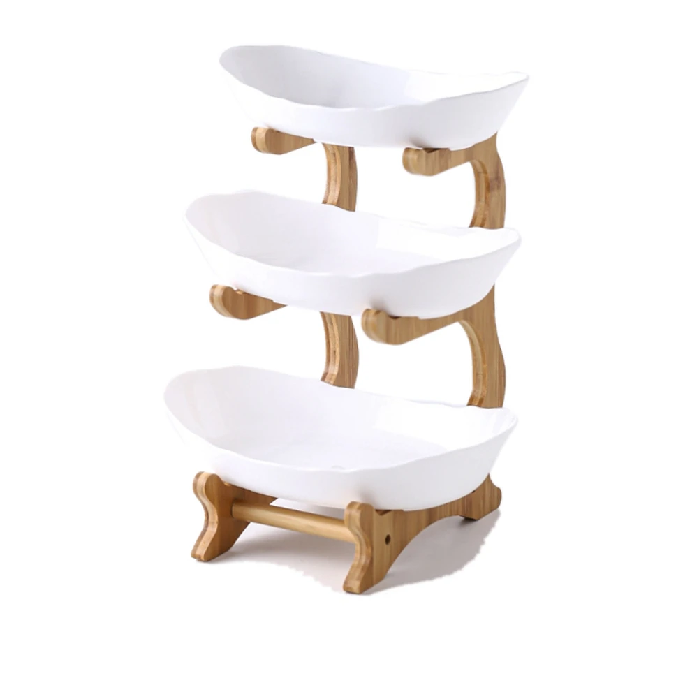 

3 Tiers Fruit Plate with Wood Holder Snacks Candy Plate Kitchen Organizer Rack Party Food Serving Display Tray White