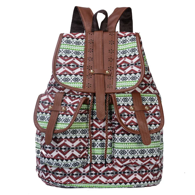 3pcs Women Canvas National Prints Flap Cover Backpack Bag